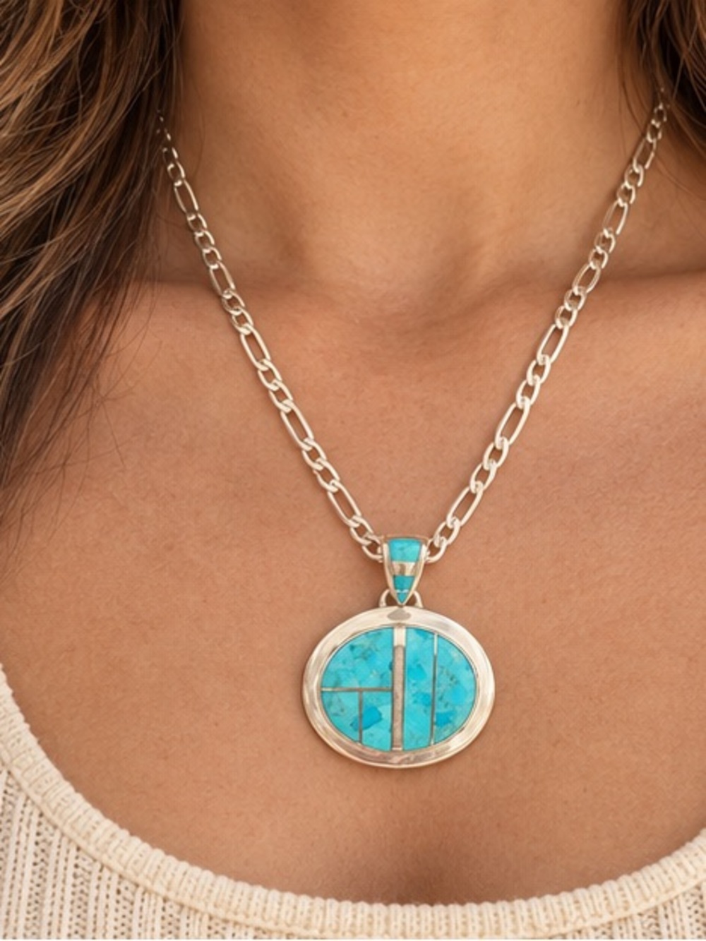 Sterling Silver Turquoise Inlay Pendant Necklace